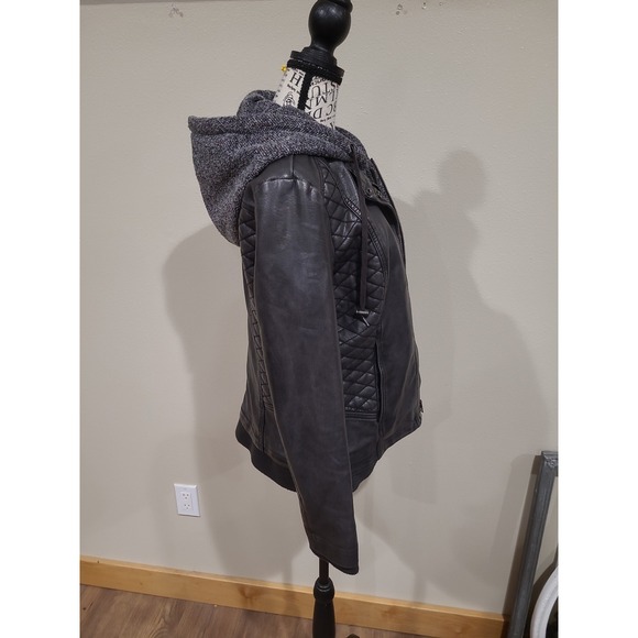 Mo-Ka Women SZ S dk Grey faux Leather Moto jacket Biker quilted hooded goth punk - Picture 4 of 12
